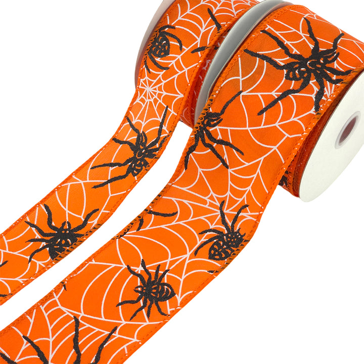 Orange Halloween Wire Edge Ribbon | Black Glitter Spider | 38 or 63mm | 10m Reel