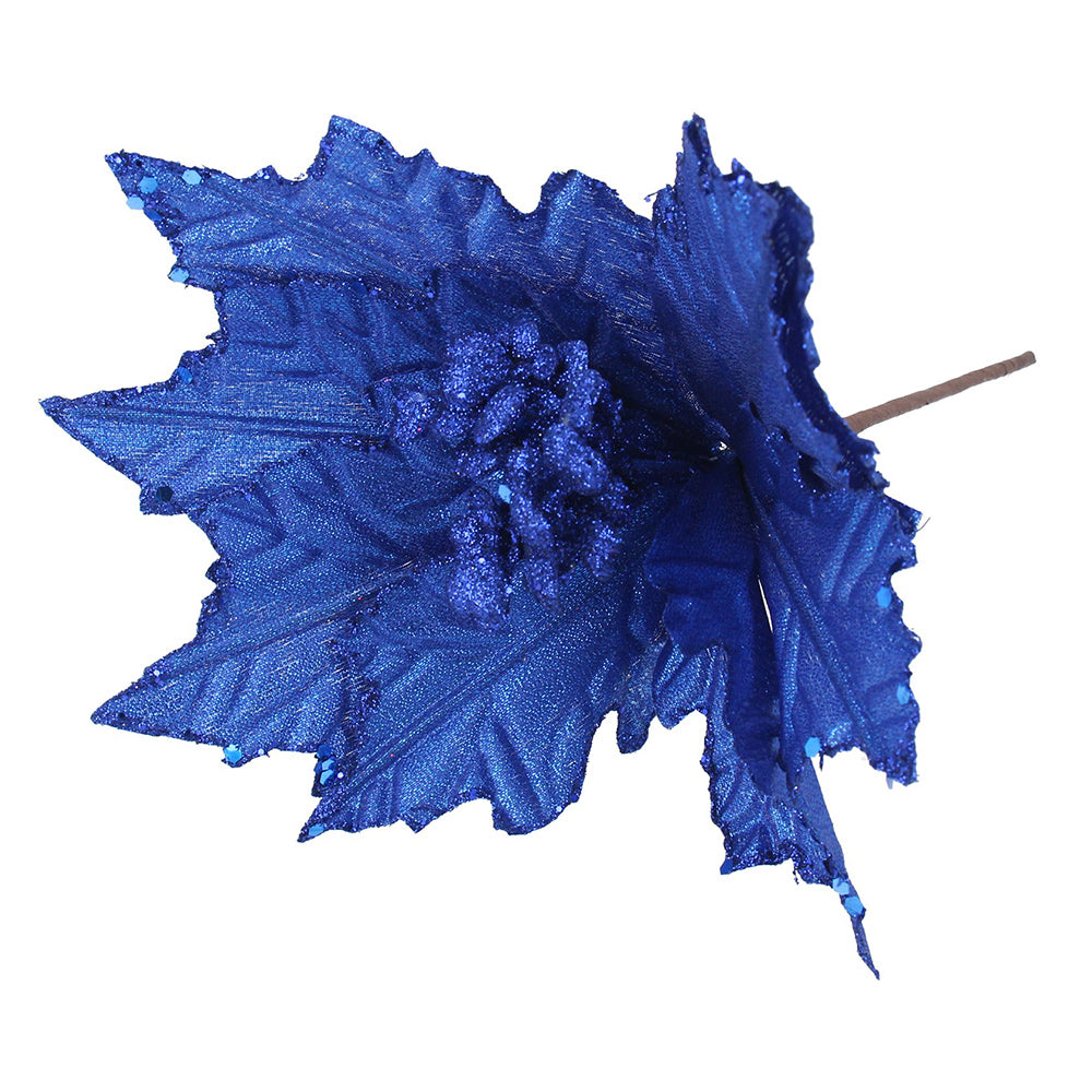 Rich Blue Velvet Fabric & Glitter Poinsettia Pick | Floristry & Tree Decorations