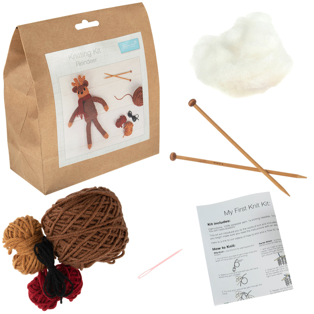 Reindeer Knitting Kit with Needles | Older Kids or Basic Adult Knitters