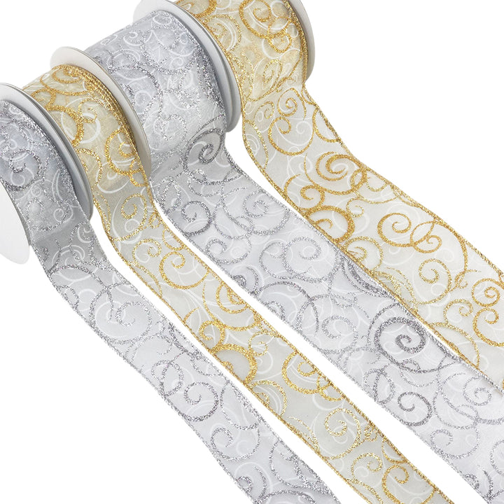 Silver/Gold Glitter Swirls | Wired Edge Organza Ribbon | 38/63mm Wide | 10m Reel