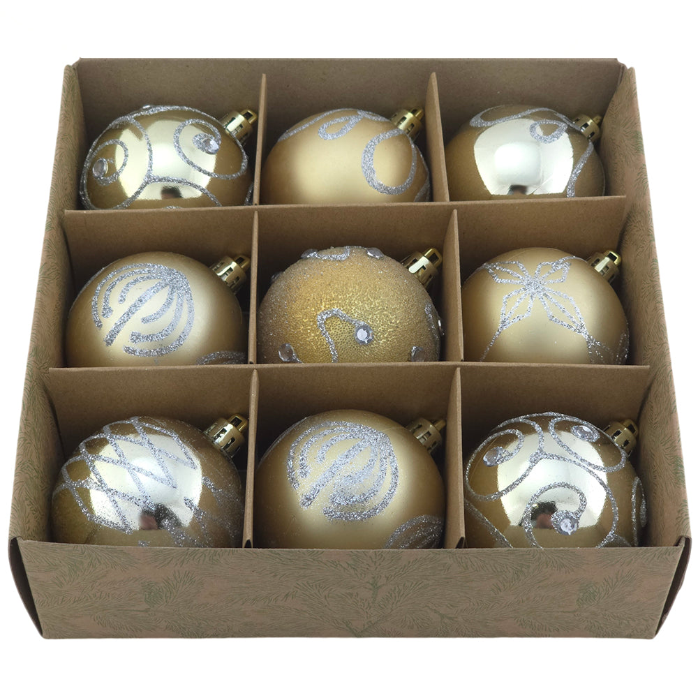 60mm Champagne Gold Christmas Baubles | Set of 9 | Shatterproof Tree Decorations