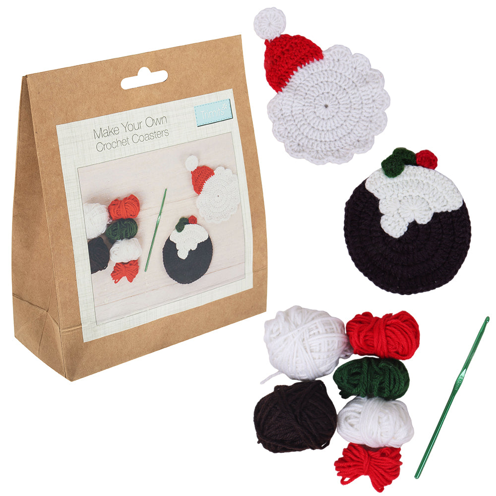 Christmas Coasters | Makes 2 | Crochet Craft Kit with Tool