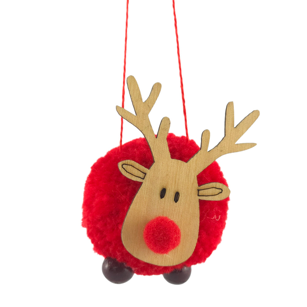 Red Pom Rudolph | Christmas Tree Decoration | Red or White | Cracker Filler