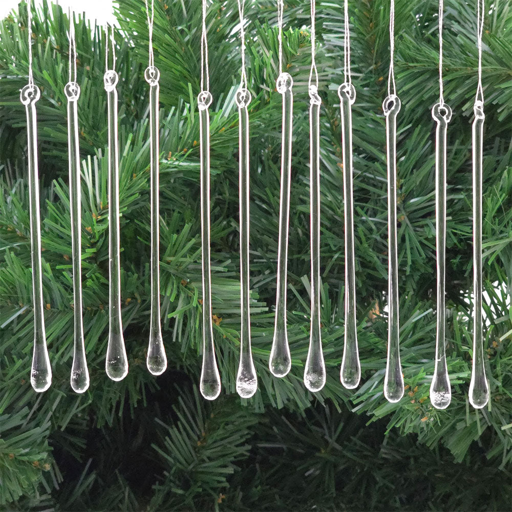 Clear | Glass Water Drops | Set of 12 | Christmas Tree Decorations | 12cm