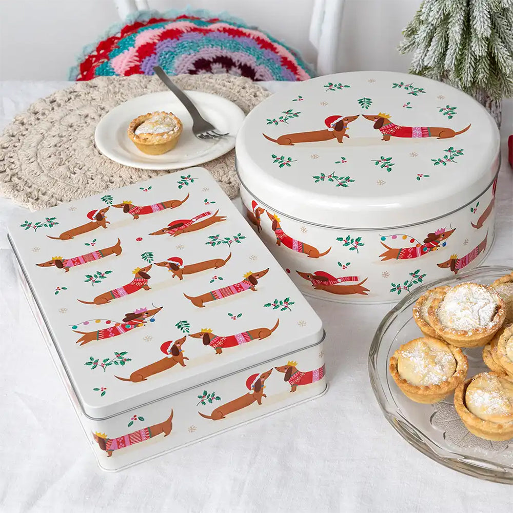 Sausage Dogs | Christmas Dachshund Mince Pie Storage Tin | 27 x 19 x 7cm