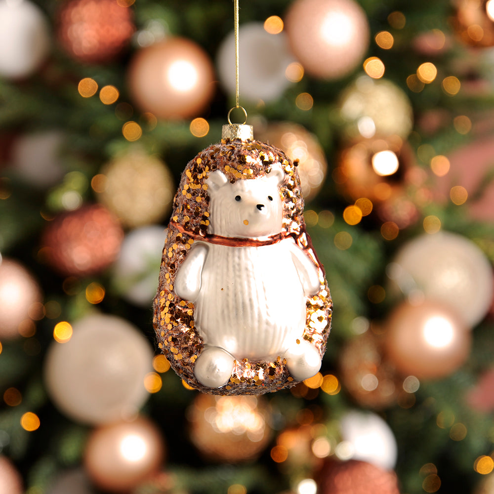 Copper Glitter Hedgehog | Glass Hanging Christmas Tree Ornament | 13cm Tall