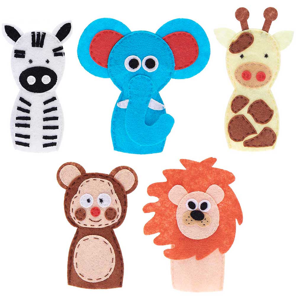 Wild Animals | Felt Finger Puppet Craft Kit | Makes 5 | Kids Sewing Project