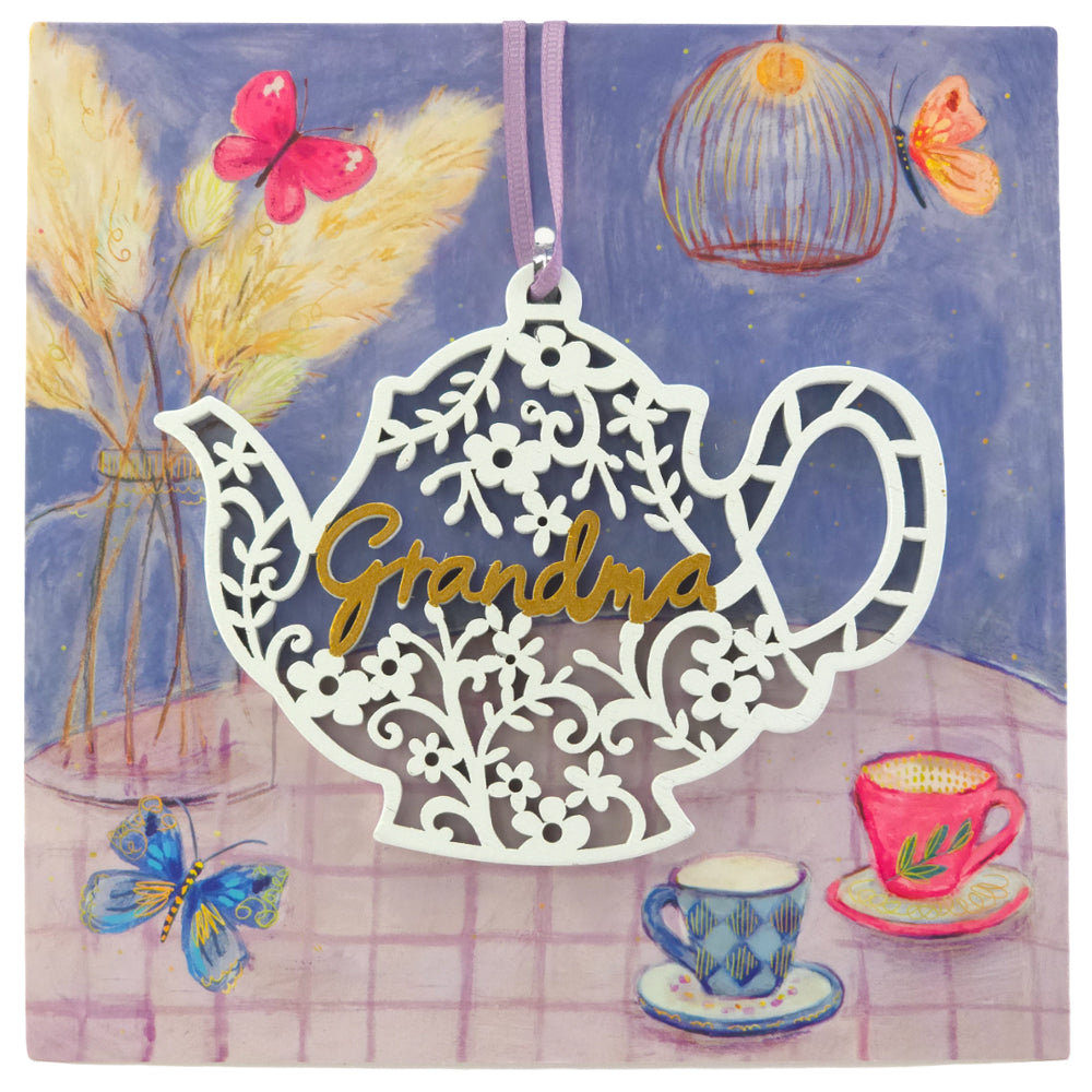 Grandma | Wooden Teapot Shaped Hanging Plaque on Decorative Card | Letterbox Gift