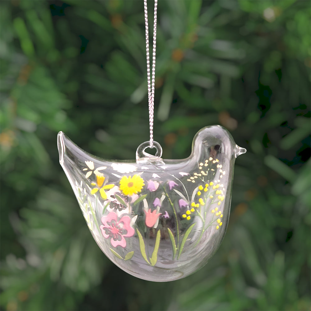 Pastel Flower Meadow | Hanging Glass Easter Bird Ornament | 7.5cm | Gisela Graham