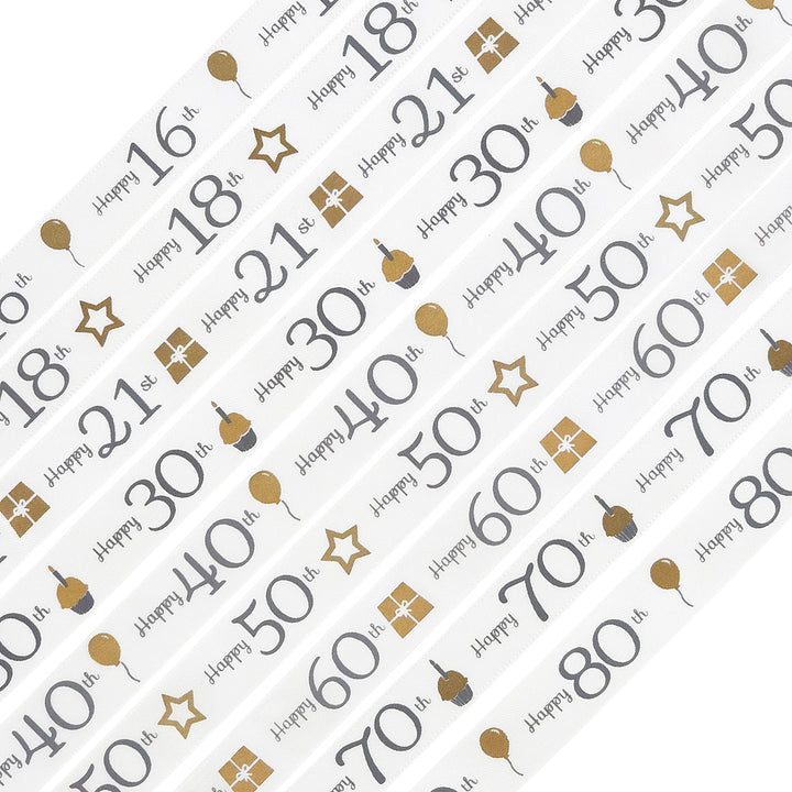 Milestone Birthday | White, Silver & Gold Satin Ribbon | 16mm Wide | 4m Long