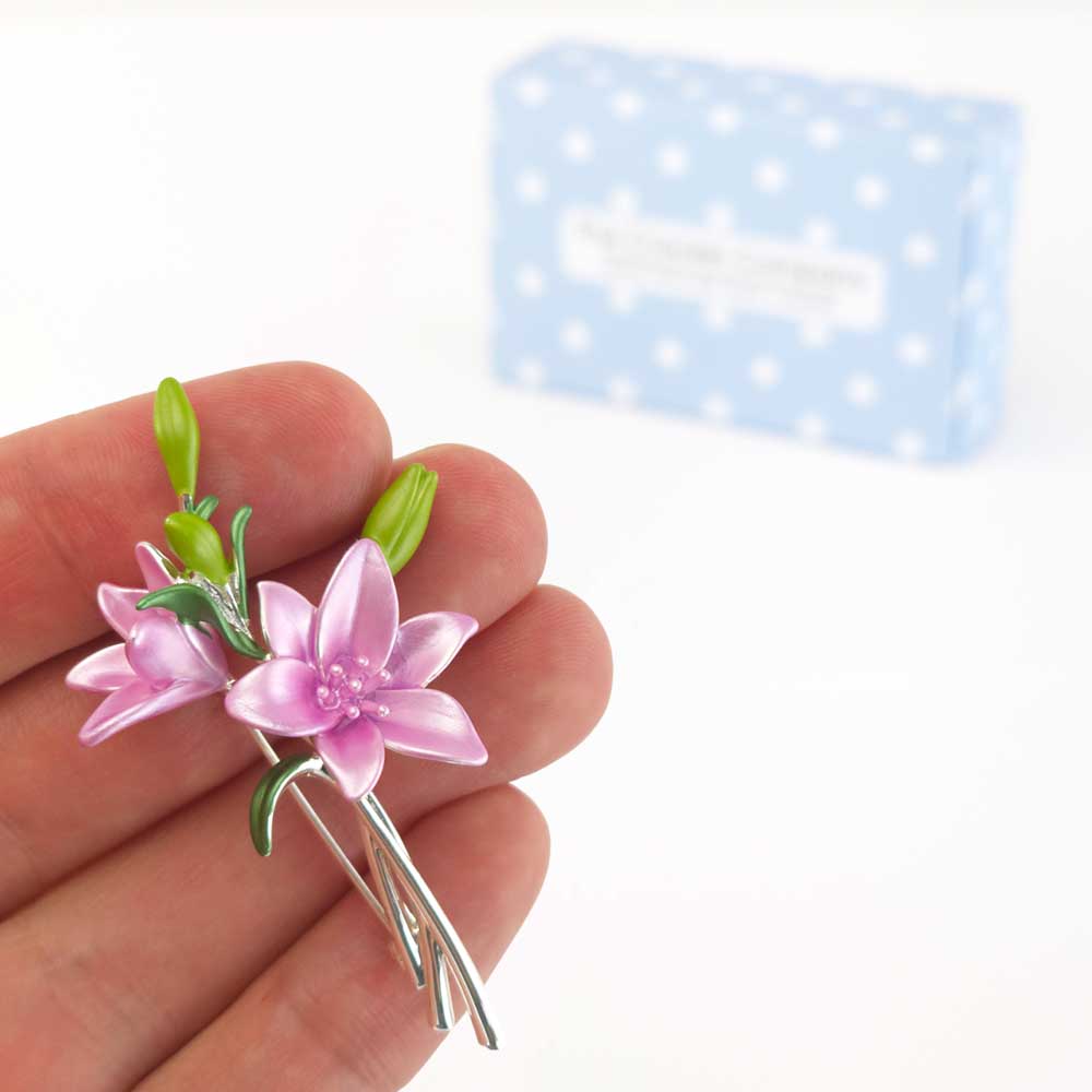 Lily Spray Brooch | Pearlescent Pink | 6.5cm Long | Mini Gift | Cracker Filler