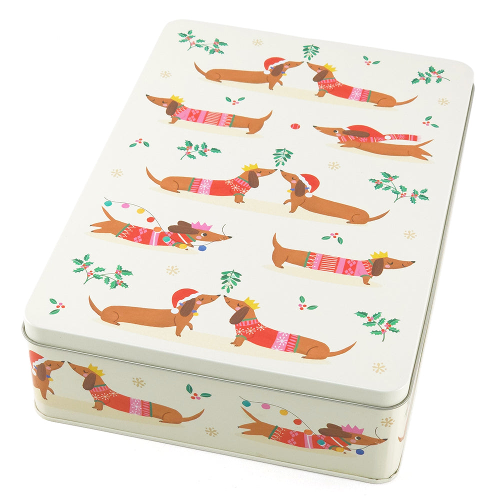 Sausage Dogs | Christmas Dachshund Mince Pie Storage Tin | 27 x 19 x 7cm