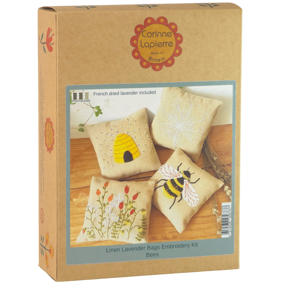 Bee | Linen Lavender Bags | Embroidery Sewing Kit | Makes 4 | Corinne Lapierre