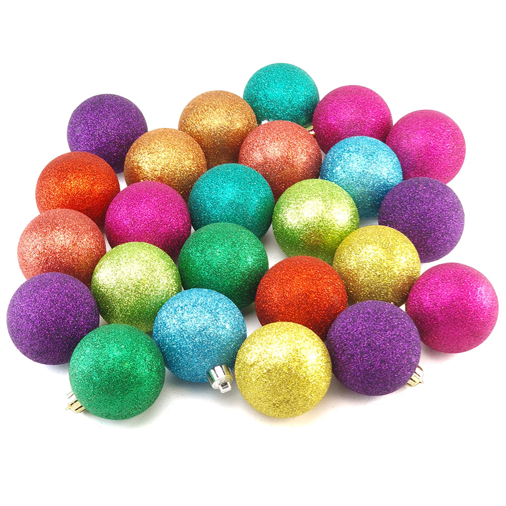 6cm Rainbow Glitter Hanging Baubles | 24Pk | Shatterproof Christmas Tree Decorations