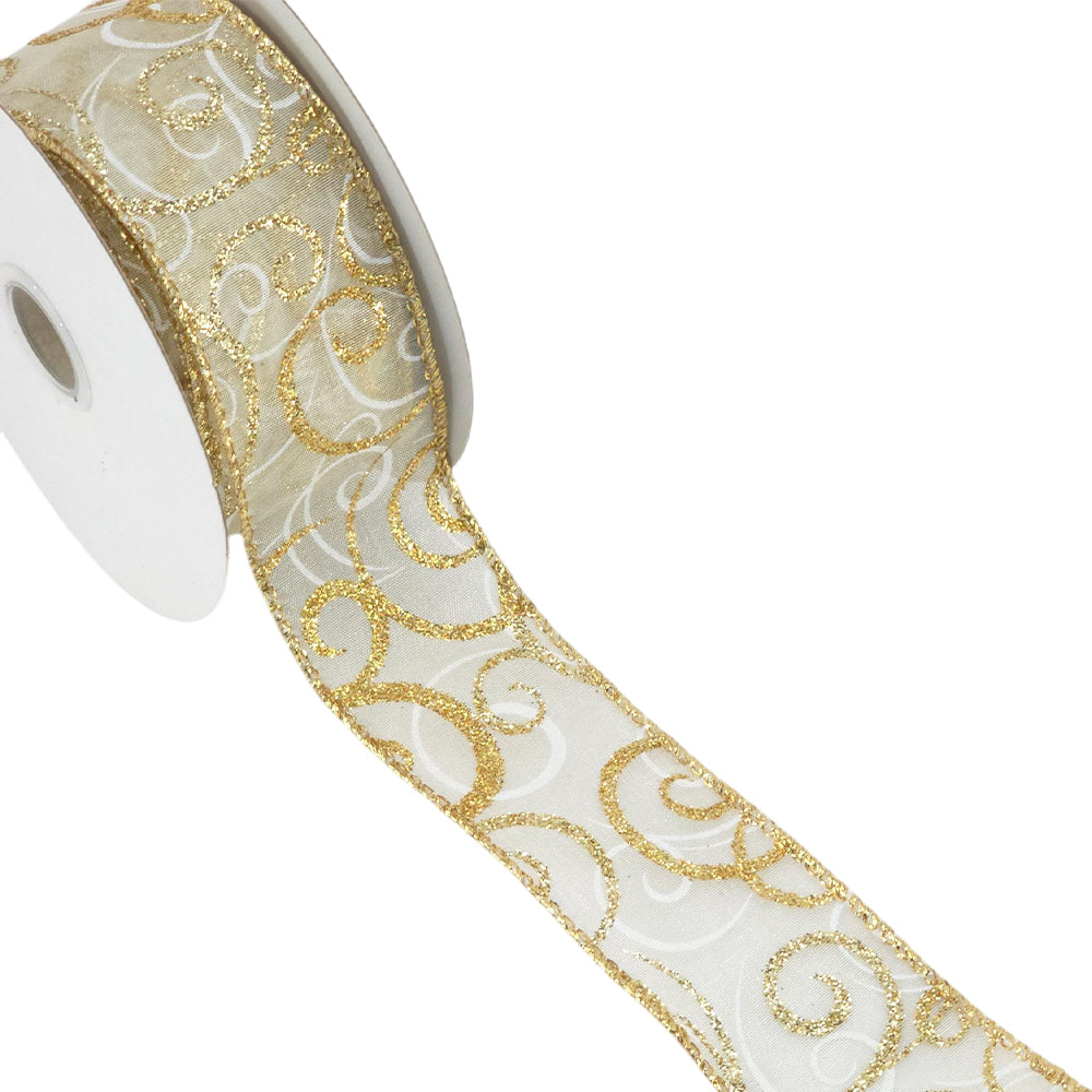 Silver/Gold Glitter Swirls | Wired Edge Organza Ribbon | 38/63mm Wide | 10m Reel