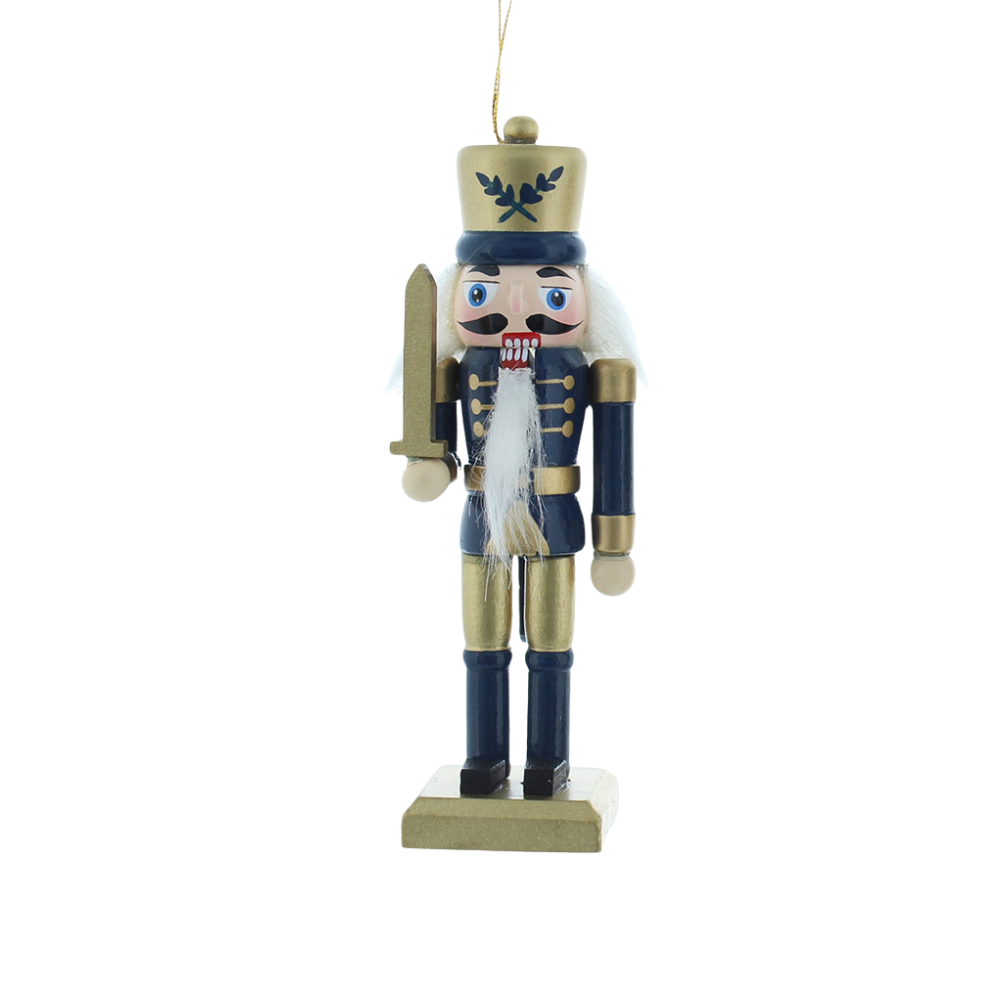 Navy Blue & Gold Nutcracker & Sword | Wood Christmas Tree Decoration | 12cm Tall