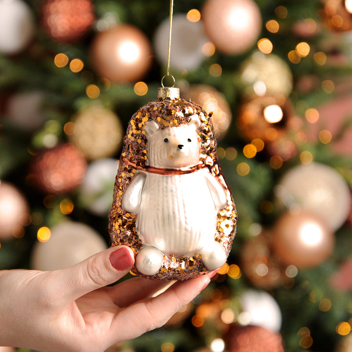 Copper Glitter Hedgehog | Glass Hanging Christmas Tree Ornament | 13cm Tall