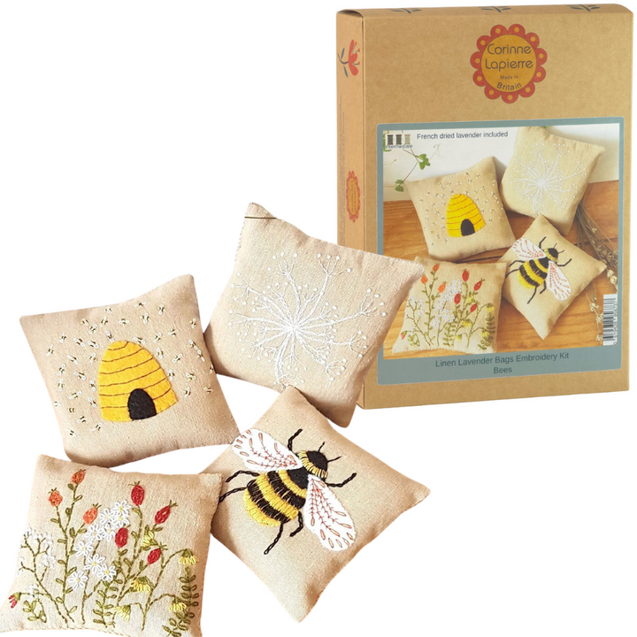 Bee | Linen Lavender Bags | Embroidery Sewing Kit | Makes 4 | Corinne Lapierre