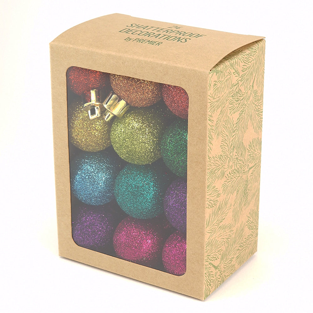 3cm Rainbow Glitter Mini Hanging Baubles | 24Pk | Christmas Tree Decorations