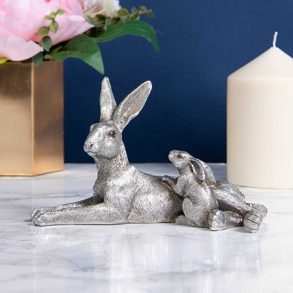 Lying Hare & Baby | Silver Coloured Ornament | 16cm Long | Home Décor