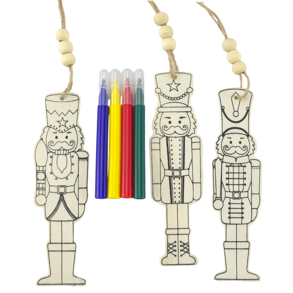 Nutcrackers | Kids Colour Your Own Wooden Beaded Nutcracker Ornaments | Set of 3