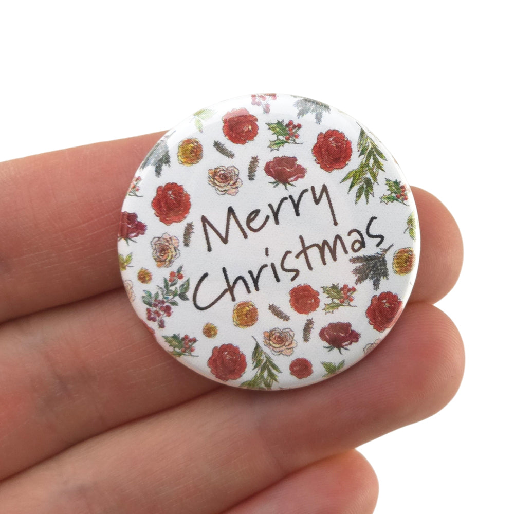 Christmas Flora | Merry Christmas | 38mm Pin Badge | Mini Gift | Cracker Filler