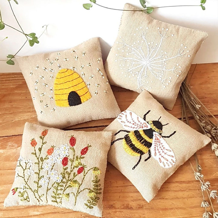 Bee | Linen Lavender Bags | Embroidery Sewing Kit | Makes 4 | Corinne Lapierre